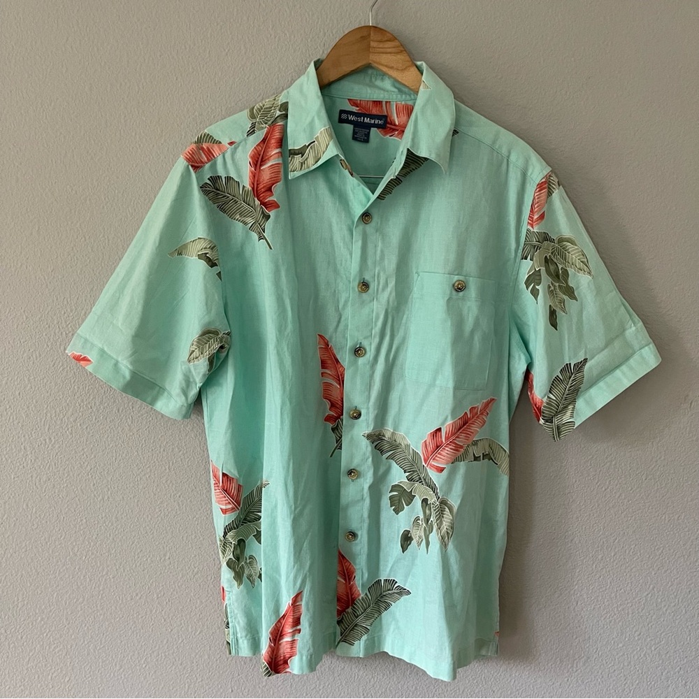 West Marine Mint/Coral Short Sleeve Button Down Vacation Shirt Size L